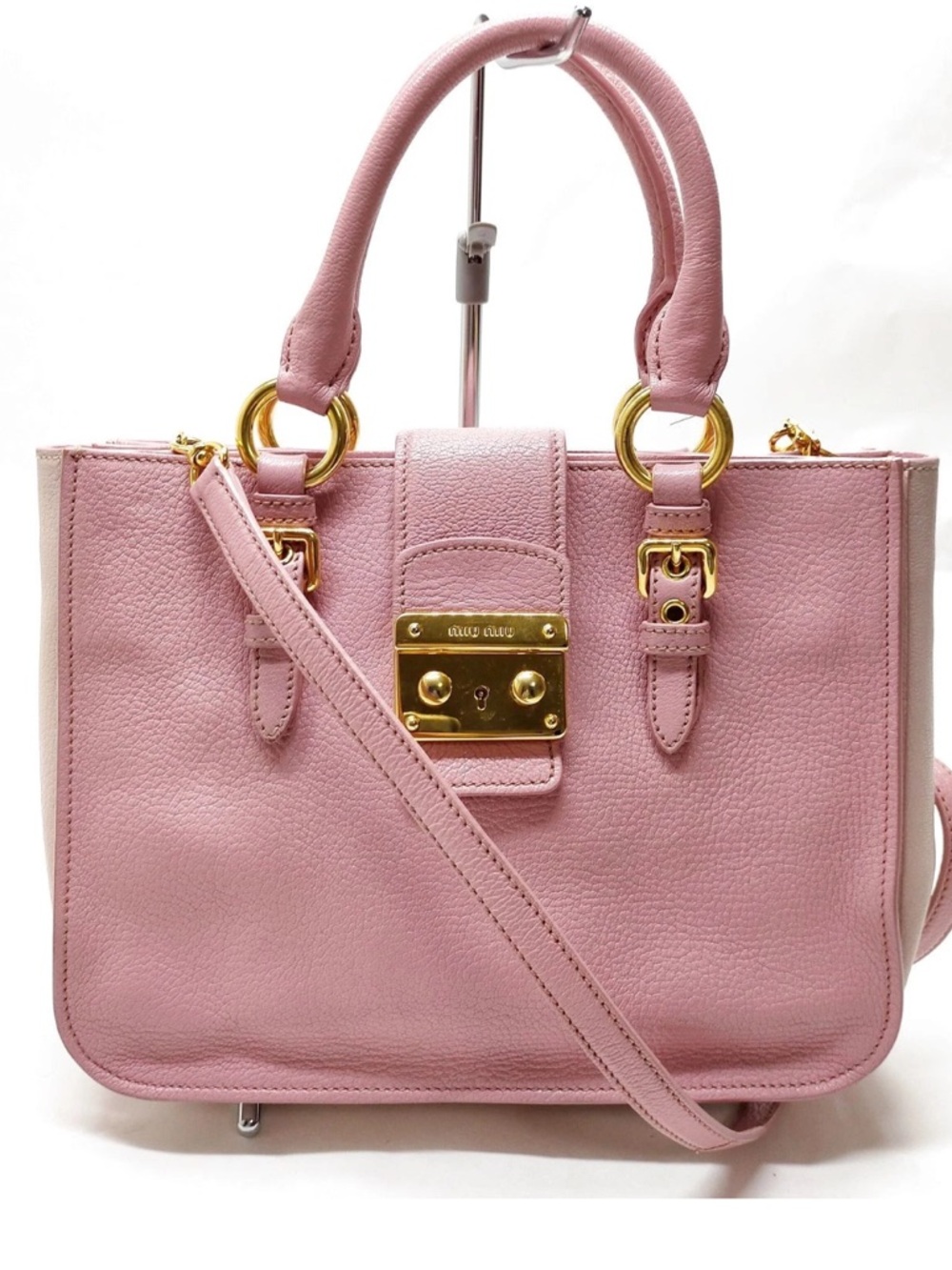 Miu Miu Vitello Lux Leather Tote Bag Teal Blue Gold Hardware Crossbody Strap